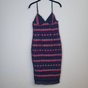 NWT Bardot Womens Size 4 XS Midi Pencil Dress Navy Blue Red Diamond Lace Bodycon